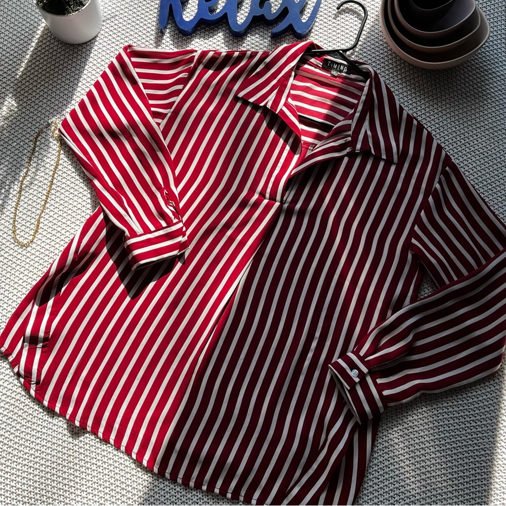Business casual, long sleeve, stripped v-neck.
